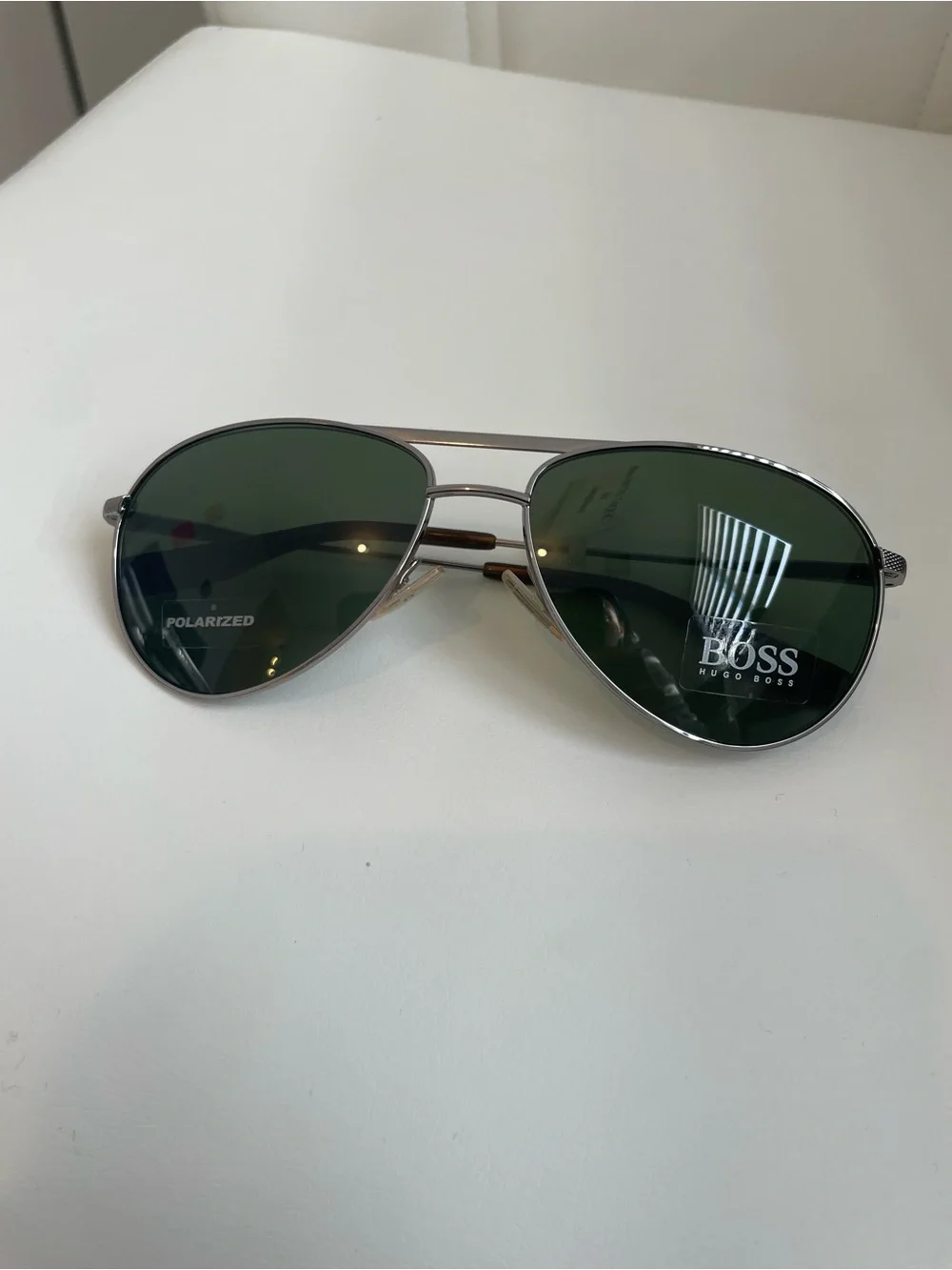Boss Aviator Sunglasses with Dark Green Lenses and Silver Frame